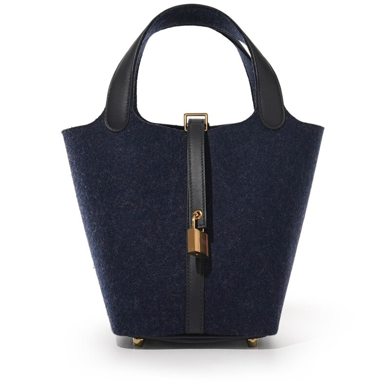 Hermès Bleu Nuit Feutre Wool and Black Swift Picotin Lock 18 Gold Hardware