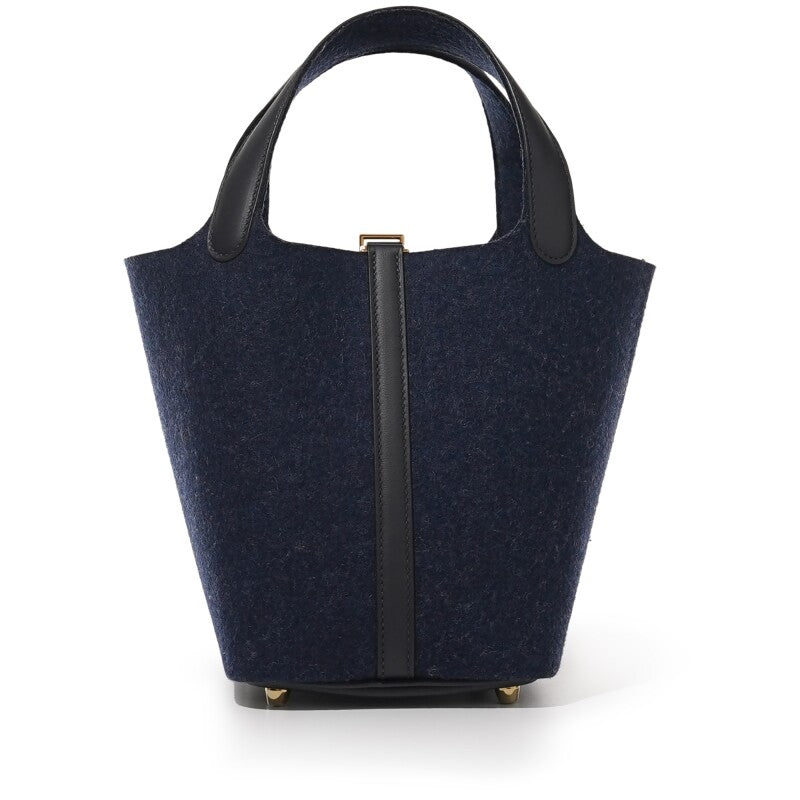 Hermès Bleu Nuit Feutre Wool and Black Swift Picotin Lock 18 Gold Hardware