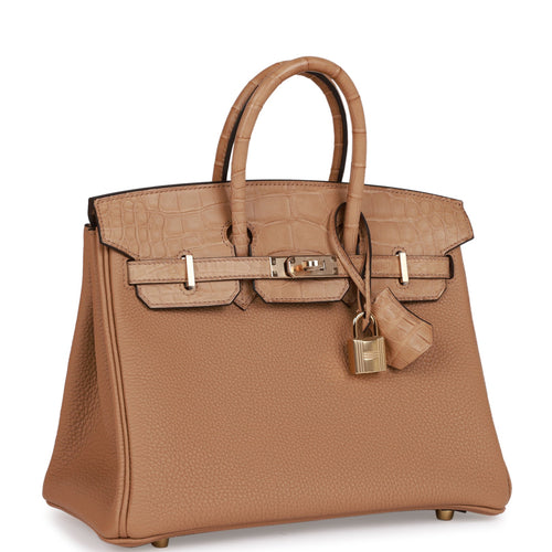 Hermes Birkin 25 Chai Matte Faux Leather and Togo-textured Faux Leather Touch Permabrass Hardware