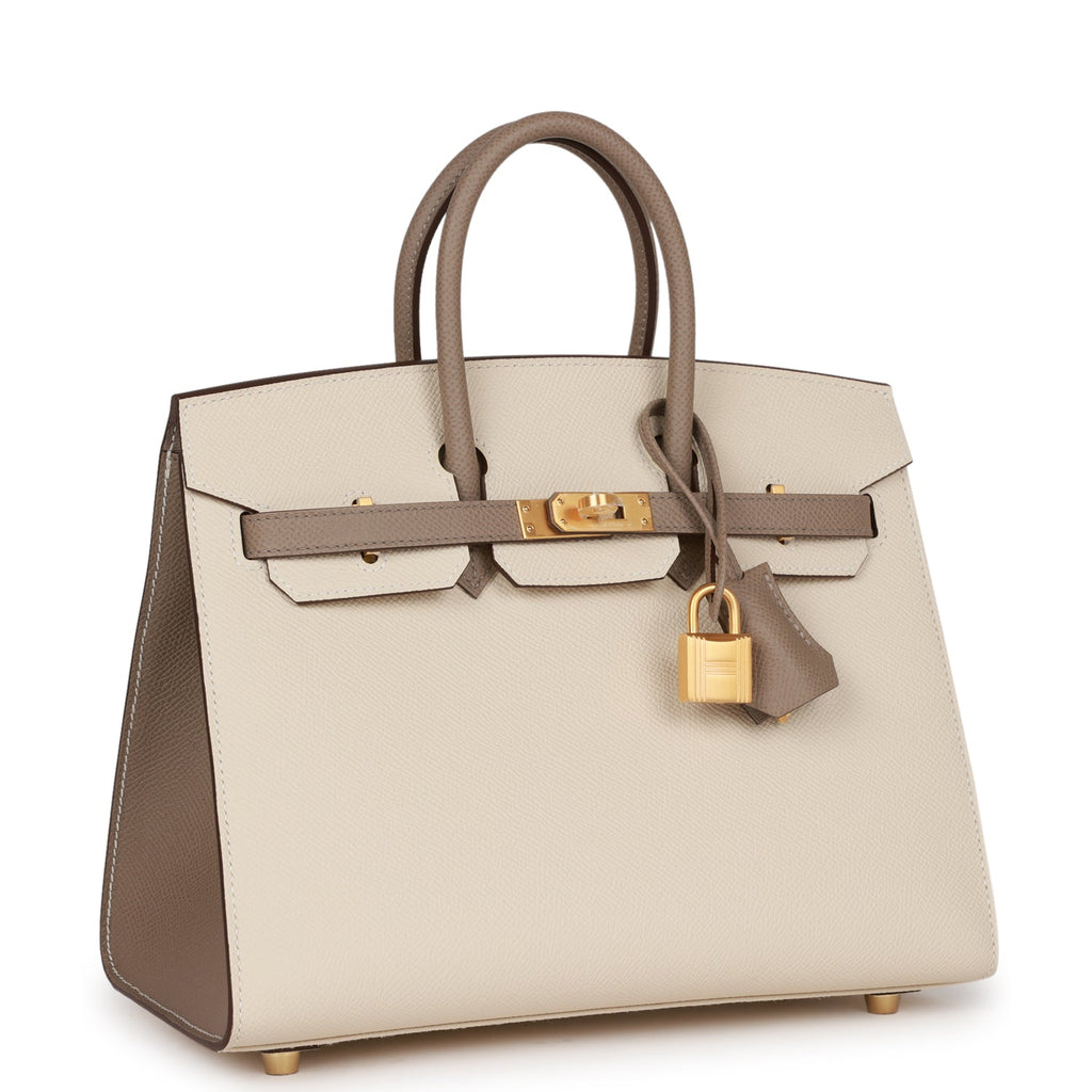 Hermès Special Order (HSS) Birkin Sellier 25 Craie and Gris Asphalte Epsom Brushed Gold Hardware