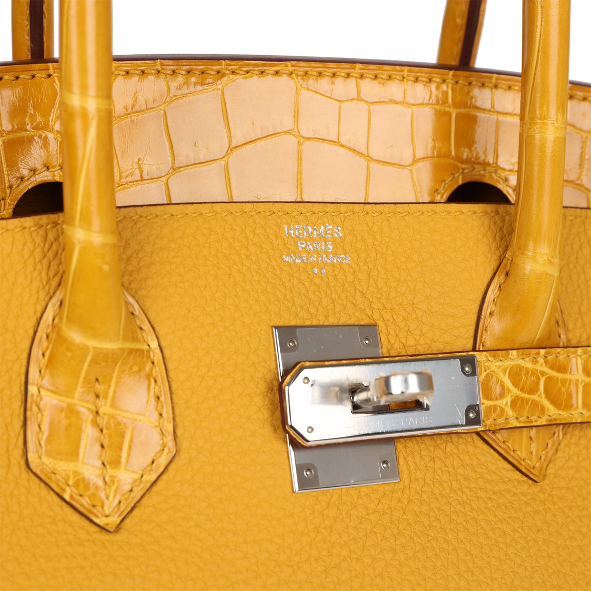 Hermès Birkin 30 Jaune Ambre Shiny Faux Leather and Togo-textured Faux Leather Touch Palladium Hardware