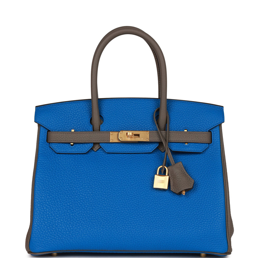 Hermès Special Order (HSS) Birkin 30 Bleu Electric and Etain Clemence Brushed Gold Hardware