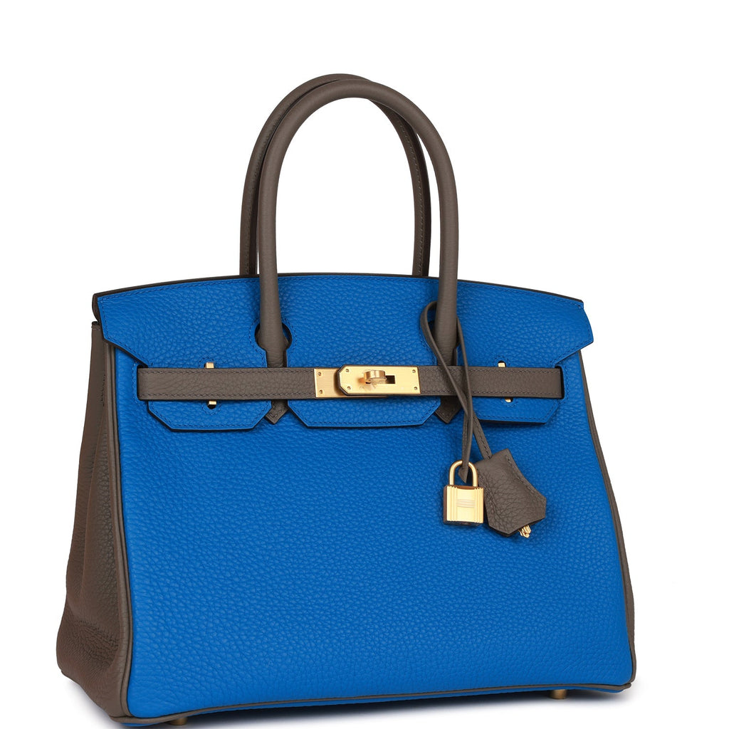 Hermès Special Order (HSS) Birkin 30 Bleu Electric and Etain Clemence Brushed Gold Hardware