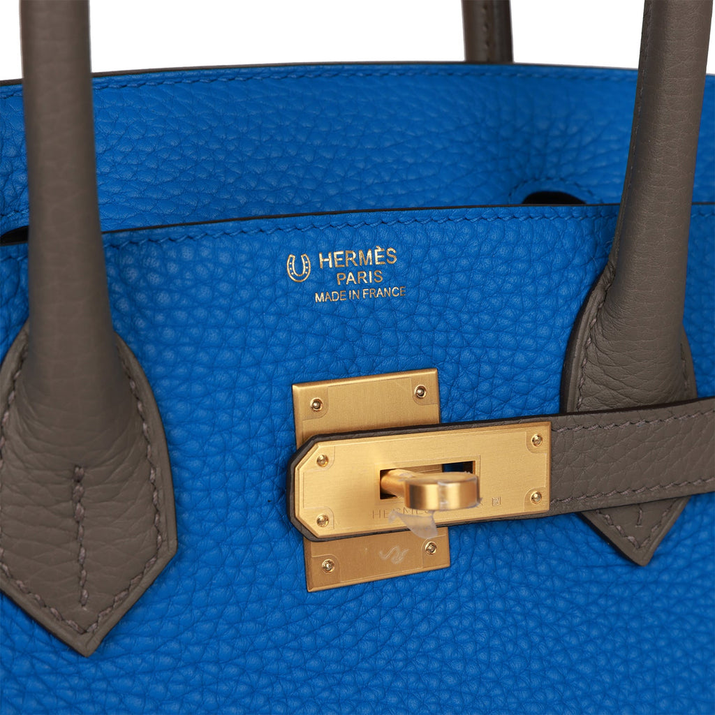 Hermès Special Order (HSS) Birkin 30 Bleu Electric and Etain Clemence Brushed Gold Hardware