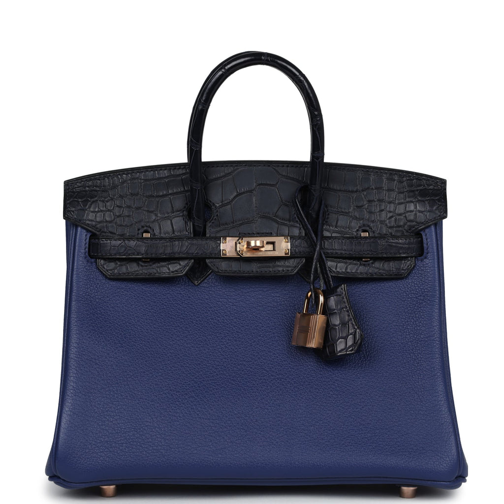 Hermès Birkin 25 Bleu Saphir Taurillion Novillo-textured Faux Leather and Bleu Marine Matte Faux Leather Touch Rose Gold Hardware