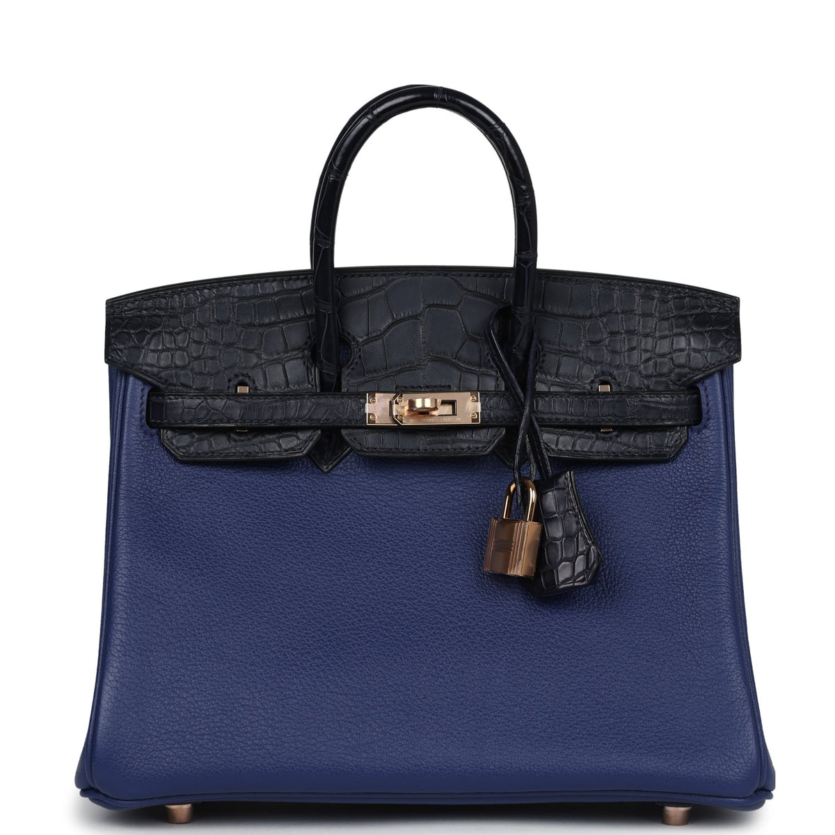 Hermès Birkin 25 Bleu Saphir Taurillion Novillo-textured Faux Leather and Bleu Marine Matte Faux Leather Touch Rose Gold Hardware