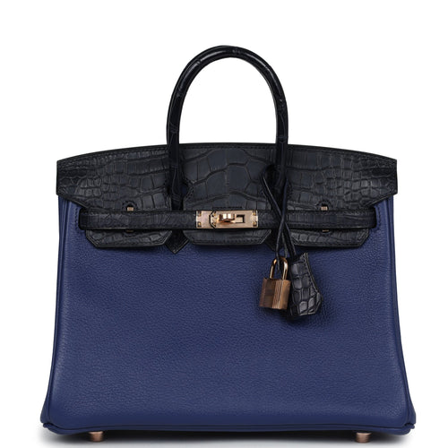 Hermès Birkin 25 Bleu Saphir Taurillion Novillo-textured Faux Leather and Bleu Marine Matte Faux Leather Touch Rose Gold Hardware