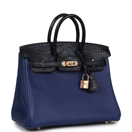 Hermès Birkin 25 Bleu Saphir Taurillion Novillo-textured Faux Leather and Bleu Marine Matte Faux Leather Touch Rose Gold Hardware
