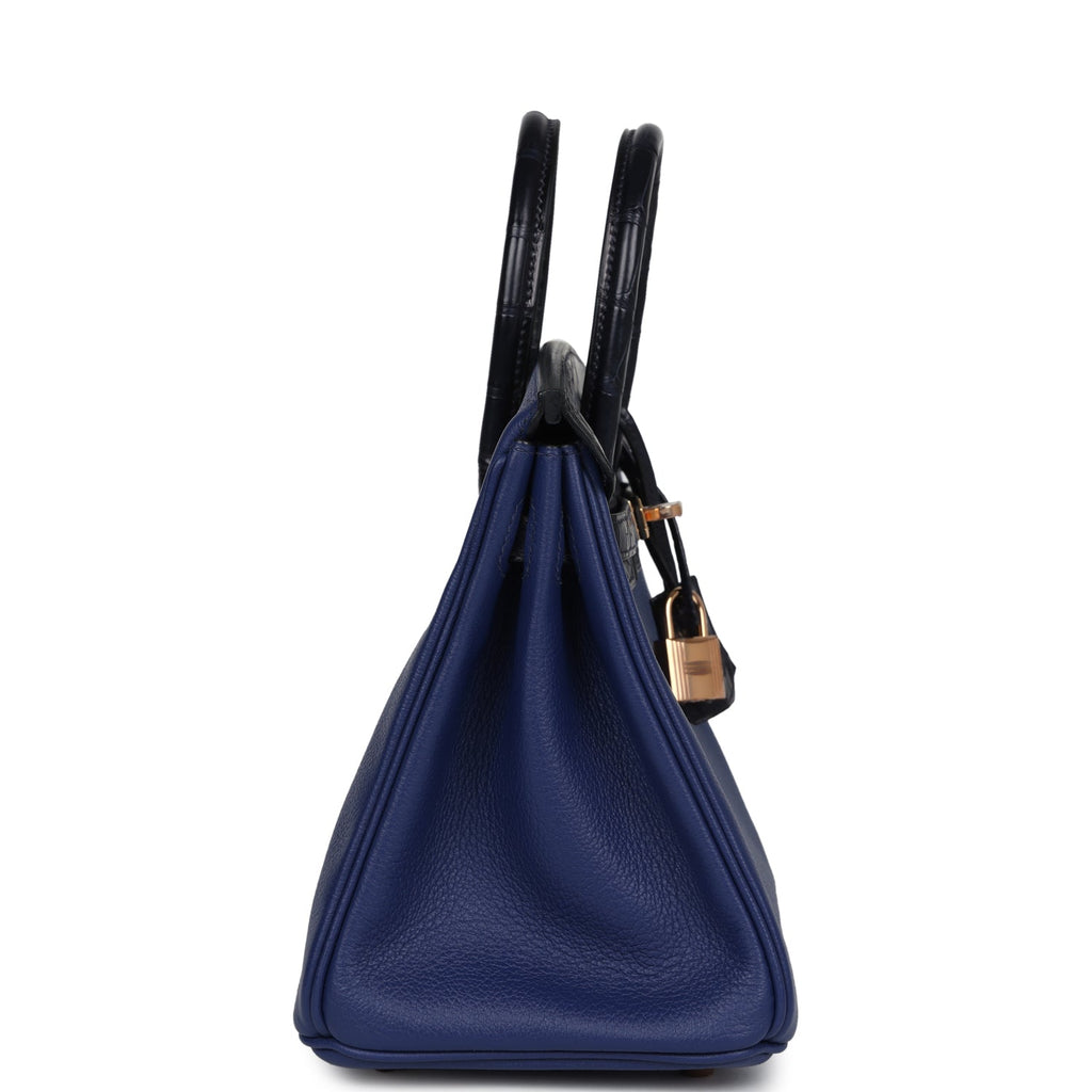 Hermès Birkin 25 Bleu Saphir Taurillion Novillo-textured Faux Leather and Bleu Marine Matte Faux Leather Touch Rose Gold Hardware
