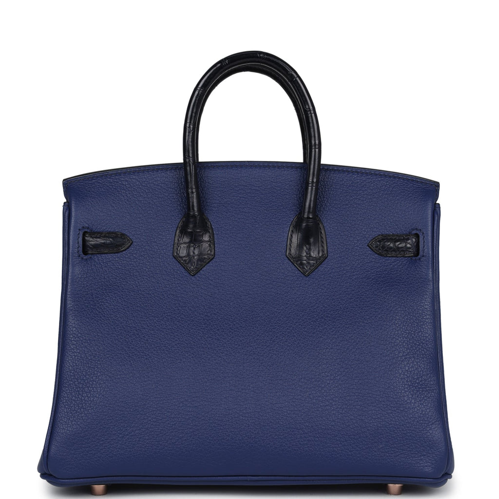 Hermès Birkin 25 Bleu Saphir Taurillion Novillo-textured Faux Leather and Bleu Marine Matte Faux Leather Touch Rose Gold Hardware
