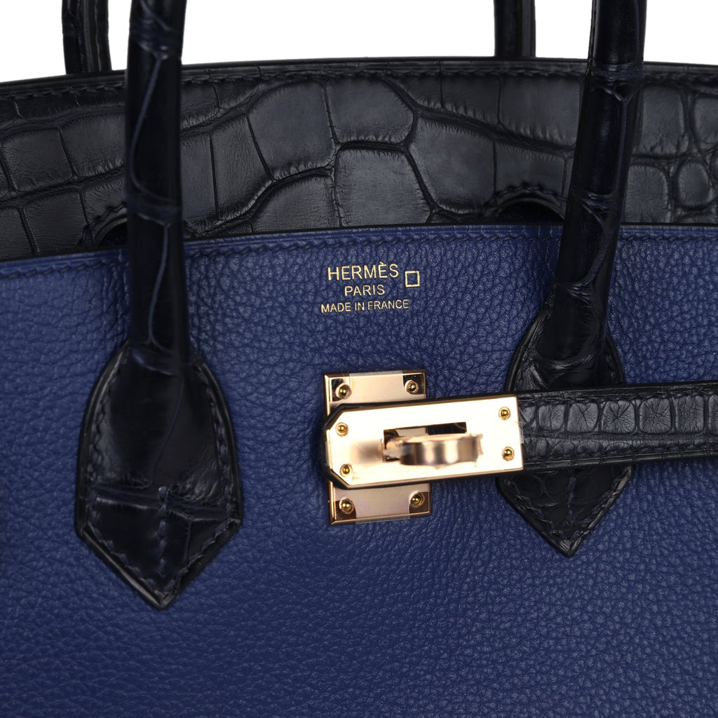 Hermès Birkin 25 Bleu Saphir Taurillion Novillo-textured Faux Leather and Bleu Marine Matte Faux Leather Touch Rose Gold Hardware