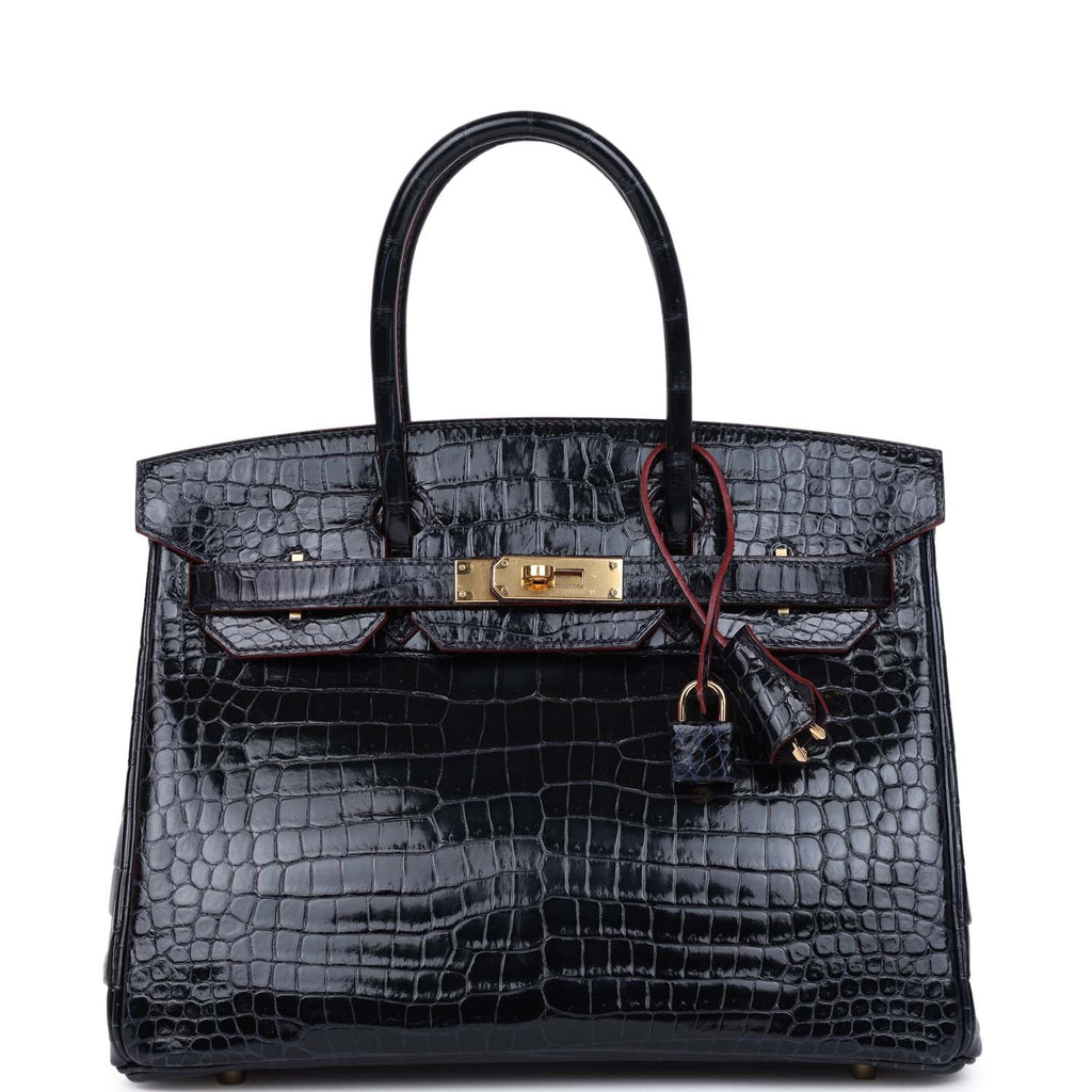 Hermès Birkin 30 Bleu Marine and Rouge H Contour Shiny Faux Leather Gold Hardware