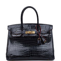 Hermès Birkin 30 Bleu Marine and Rouge H Contour Shiny Faux Leather Gold Hardware