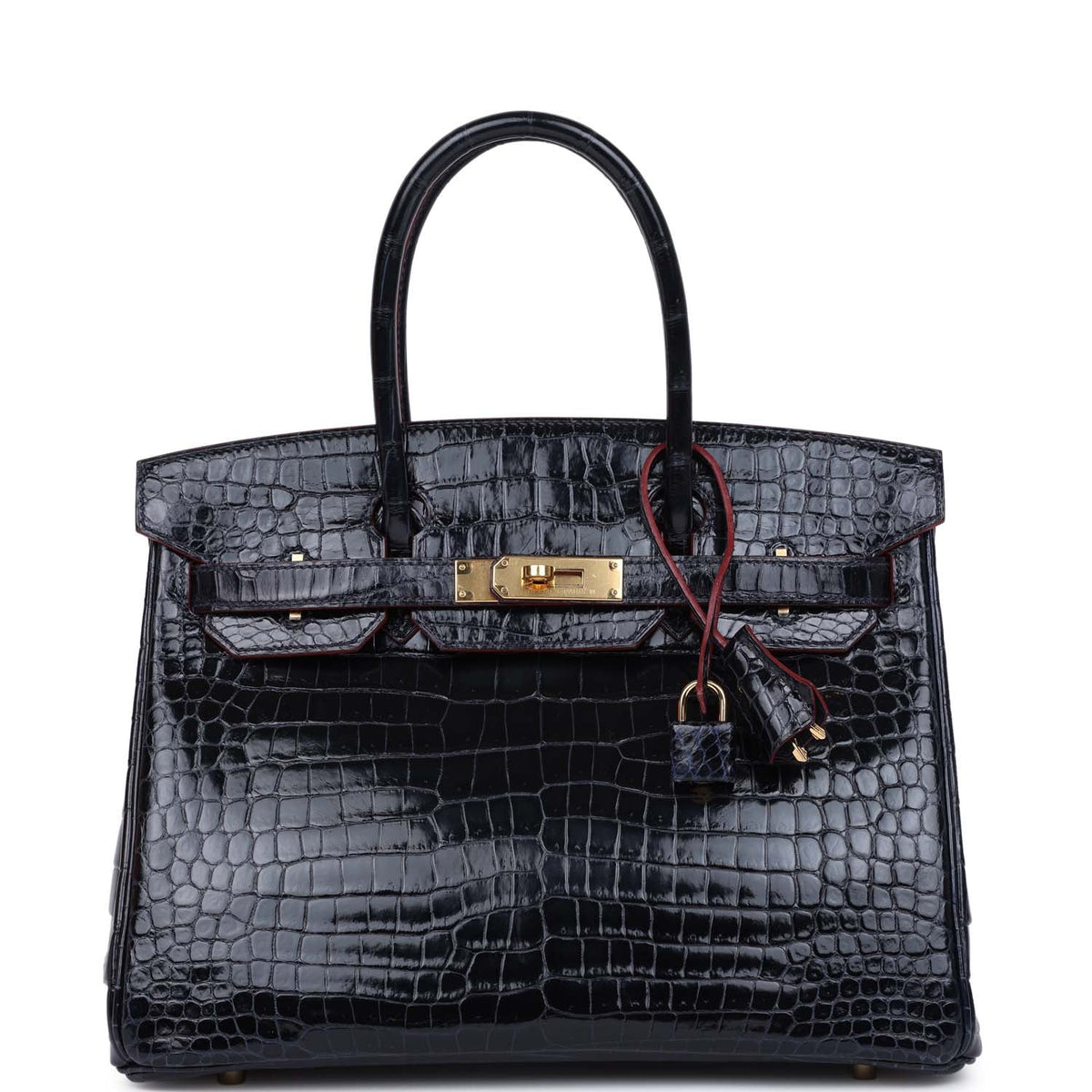 Hermès Birkin 30 Bleu Marine and Rouge H Contour Shiny Faux Leather Gold Hardware