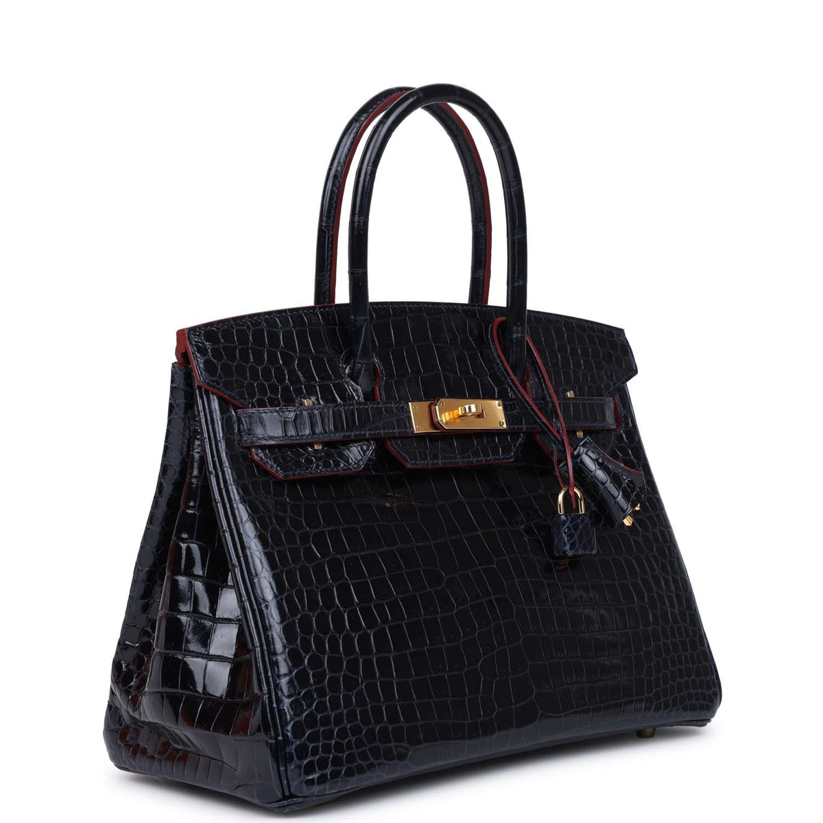 Hermès Birkin 30 Bleu Marine and Rouge H Contour Shiny Faux Leather Gold Hardware