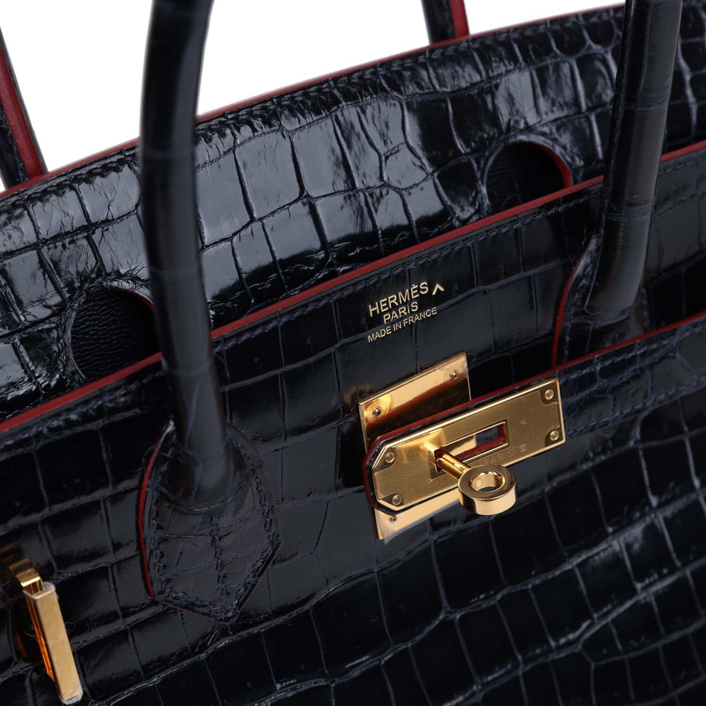 Hermès Birkin 30 Bleu Marine and Rouge H Contour Shiny Faux Leather Gold Hardware