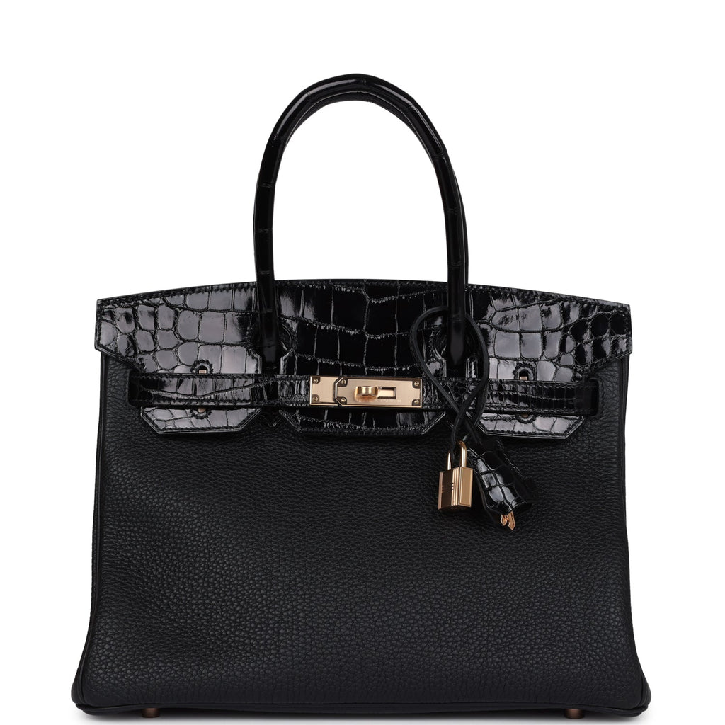 Hermès Birkin 30 Black Shiny Faux Leather and Togo-textured Faux Leather Touch Rose Gold Hardware