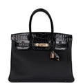 Hermès Birkin 30 Black Shiny Faux Leather and Togo-textured Faux Leather Touch Rose Gold Hardware