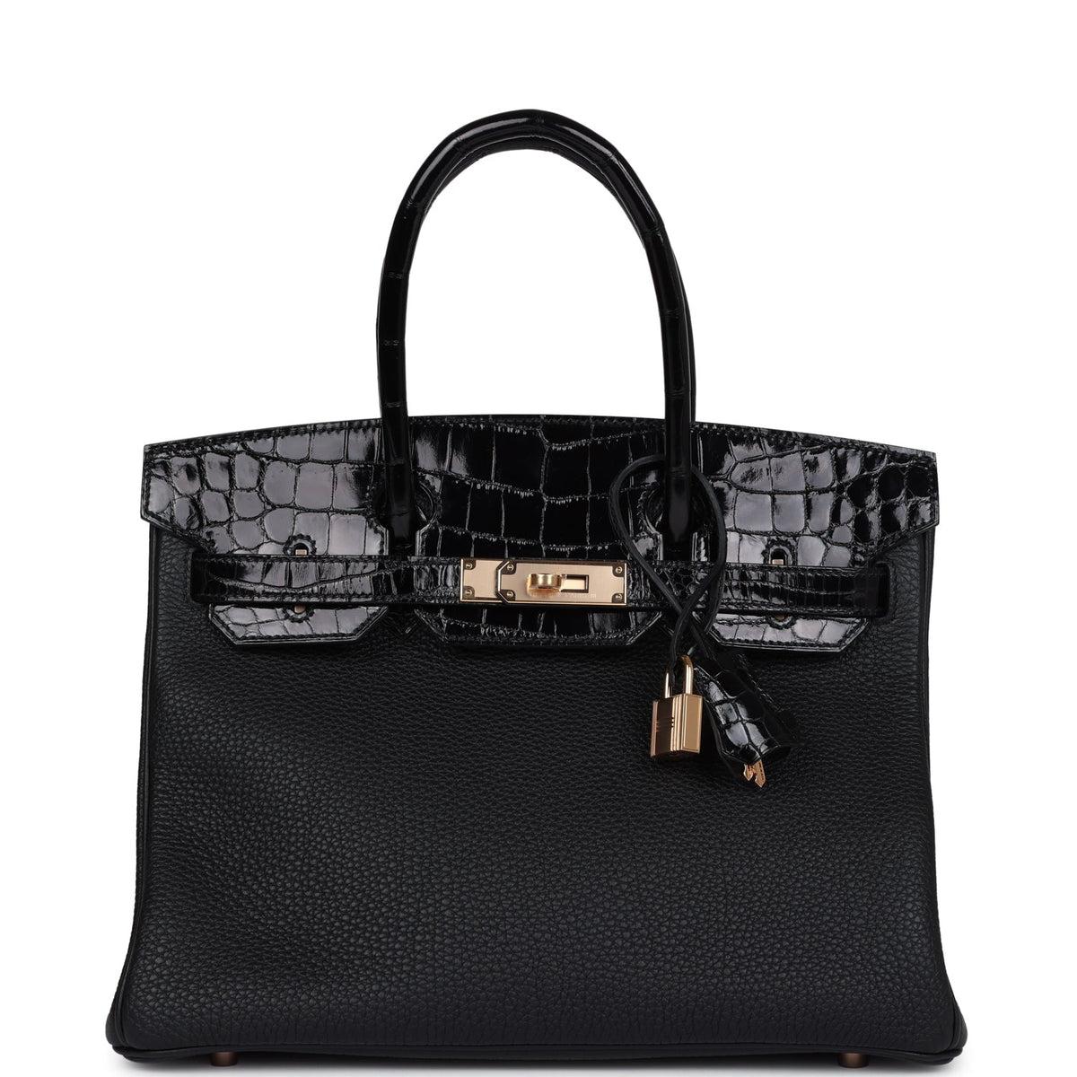 Hermès Birkin 30 Black Shiny Faux Leather and Togo-textured Faux Leather Touch Rose Gold Hardware