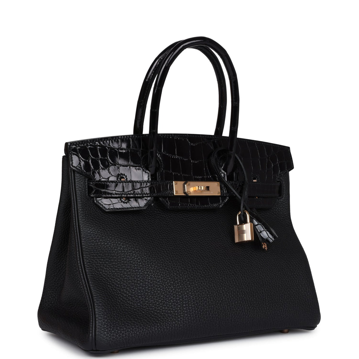 Hermès Birkin 30 Black Shiny Faux Leather and Togo-textured Faux Leather Touch Rose Gold Hardware
