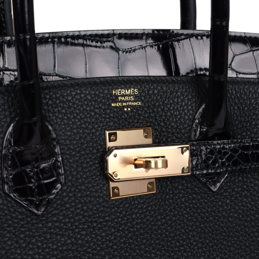 Hermès Birkin 30 Black Shiny Faux Leather and Togo-textured Faux Leather Touch Rose Gold Hardware