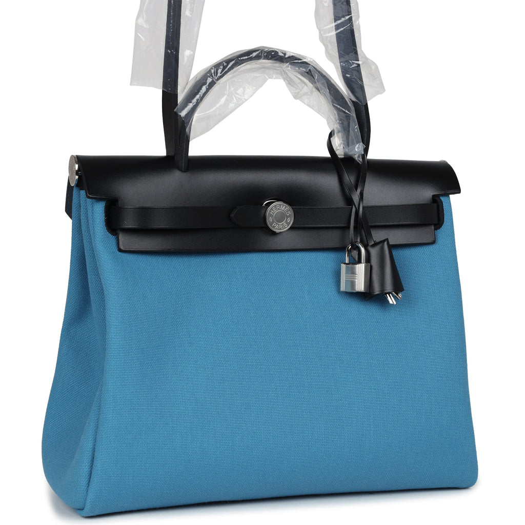 Hermès Herbag Zip PM 31 Blue Jean Toile H and Black Vache Hunter Palladium Hardware