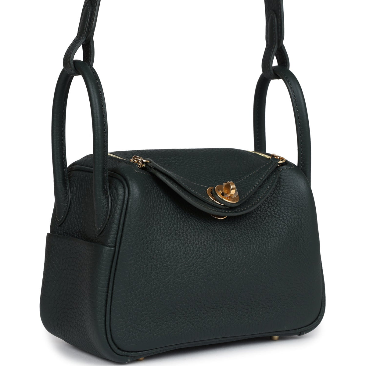 Hermès Mini Lindy Vert Fonce Clemence Gold Hardware