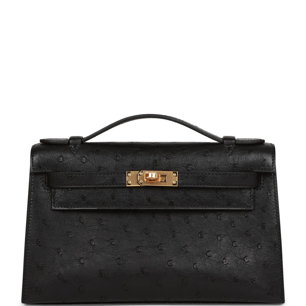 Hermès Kelly Pochette Black Ostrich Gold Hardware