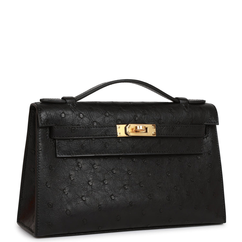 Hermès Kelly Pochette Black Ostrich Gold Hardware