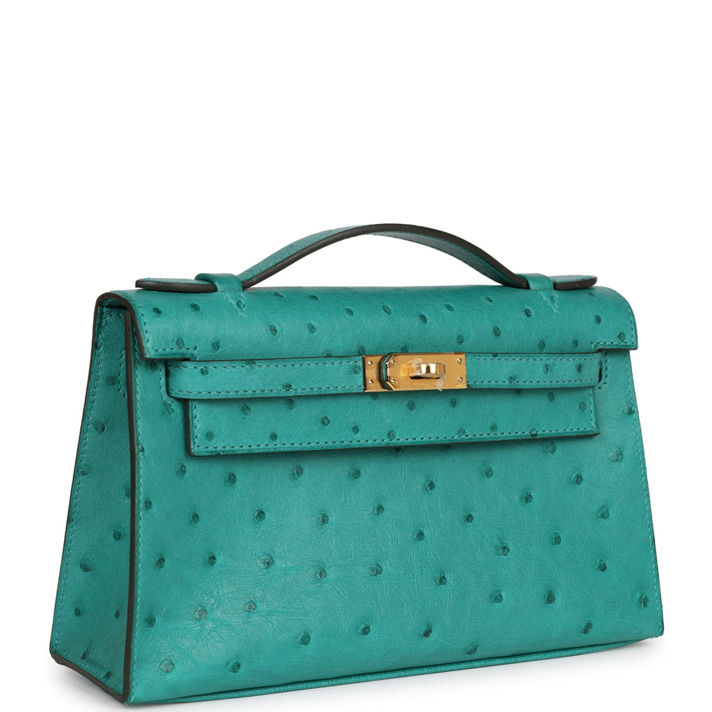 Hermès Kelly Pochette Vert Verone Ostrich Gold Hardware