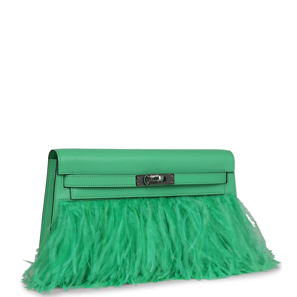Hermès Kelly Elan Foile Vert Comics Chevre and Ostrich Feather Palladium Hardware