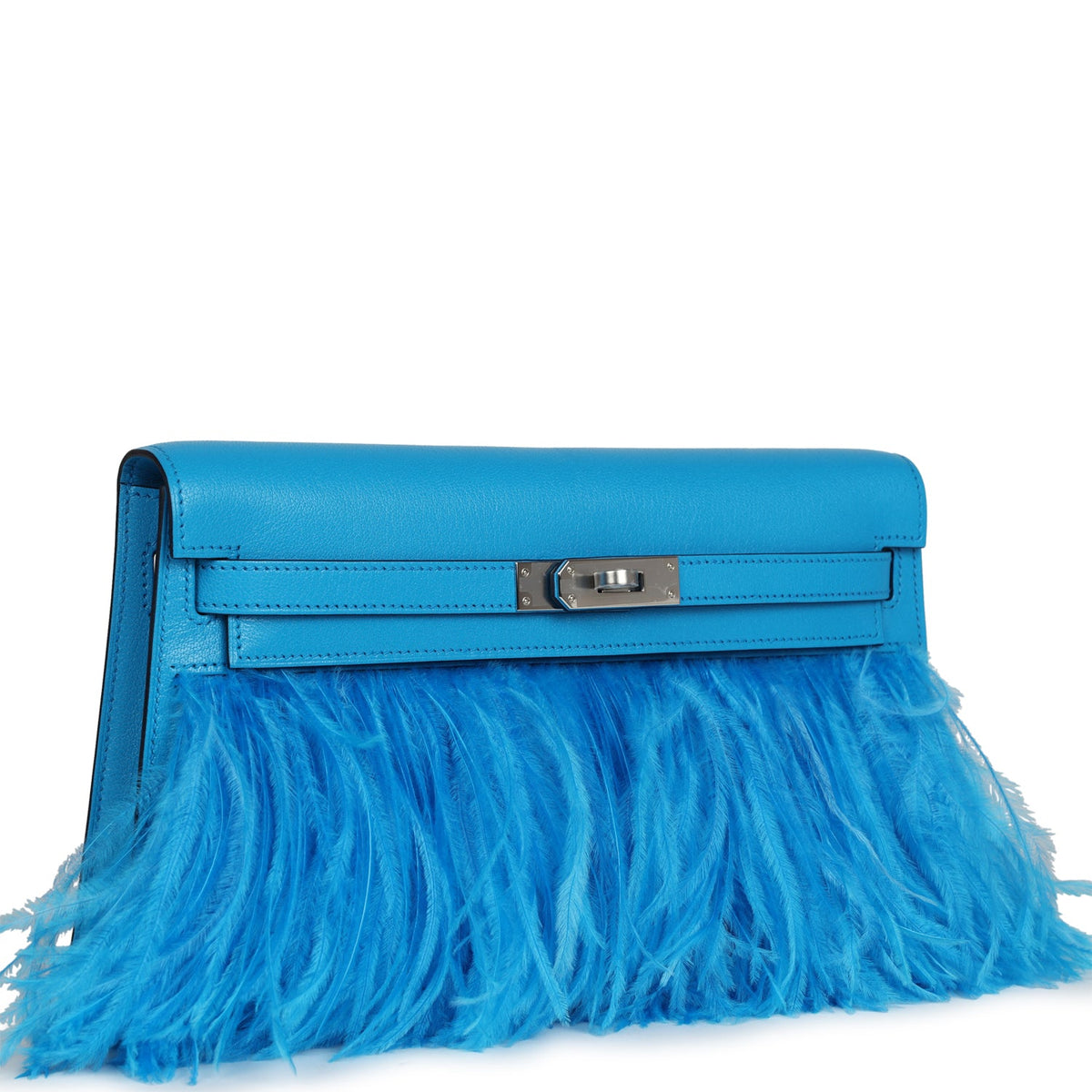Hermès Kelly Elan Foile Bleu Frida Chevre Chamkila and Ostrich Feathers Palladium Hardware