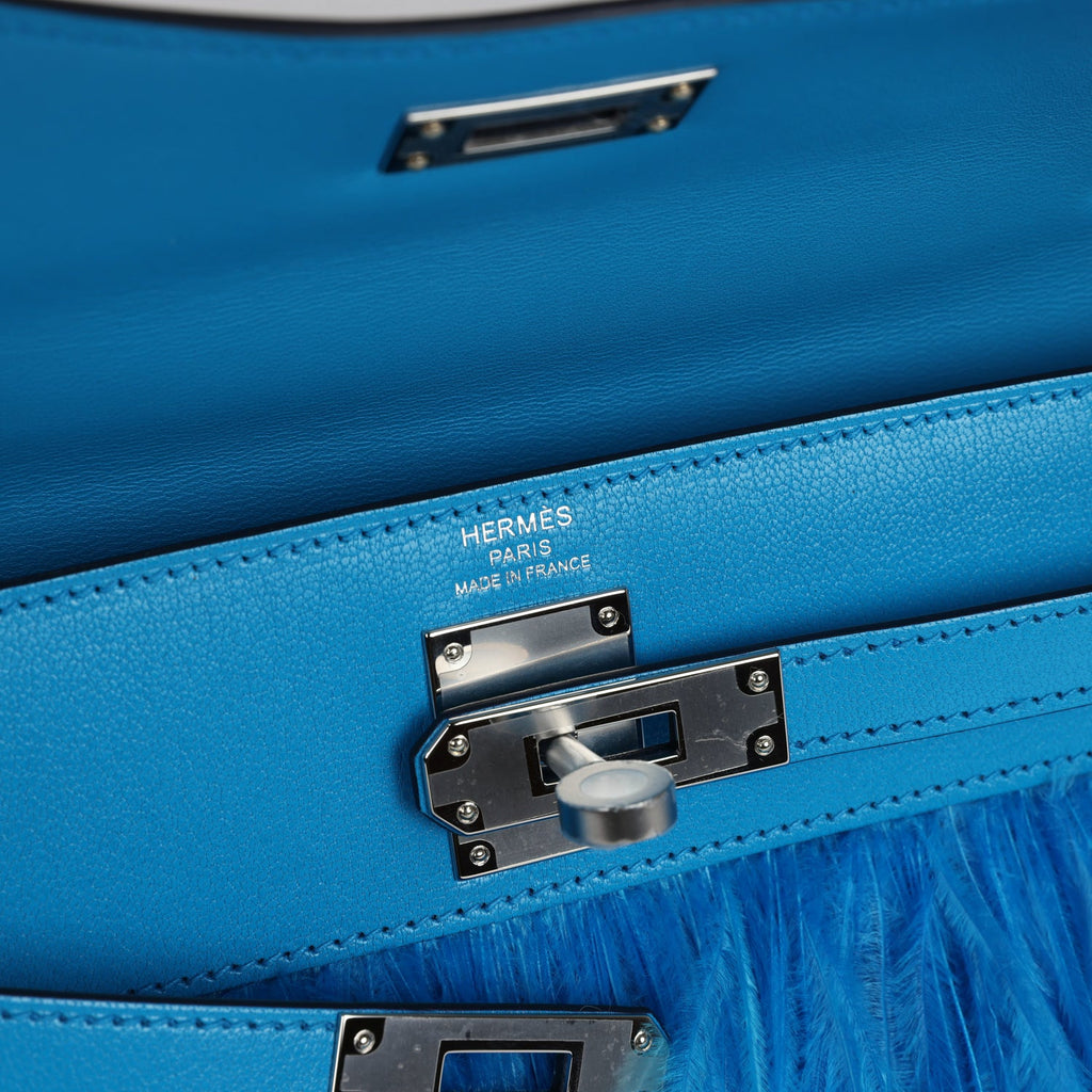 Hermès Kelly Elan Foile Bleu Frida Chevre Chamkila and Ostrich Feathers Palladium Hardware