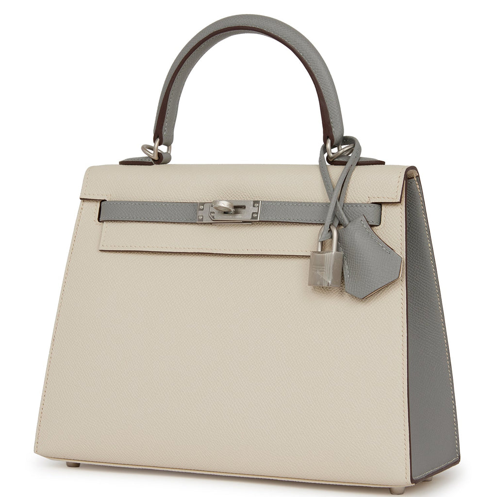 Hermès Special Order (HSS) Kelly Sellier 25 Craie and Gris Mouette Epsom Brushed Palladium Hardware