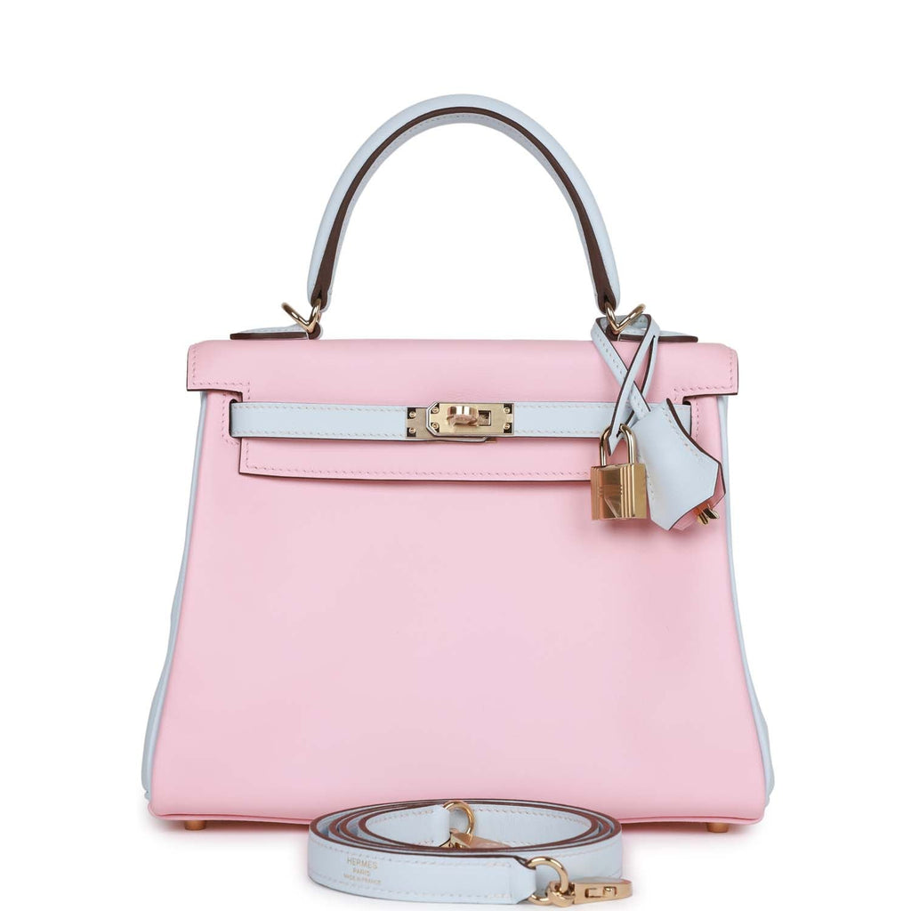 Hermès Special Order (HSS) Kelly Retourne 25 Rose Sakura and Bleu Brume Swift Permabrass Hardware