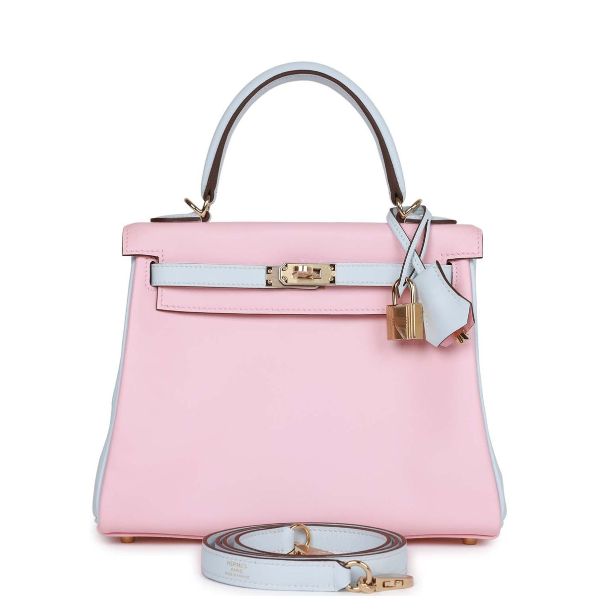 Hermès Special Order (HSS) Kelly Retourne 25 Rose Sakura and Bleu Brume Swift Permabrass Hardware