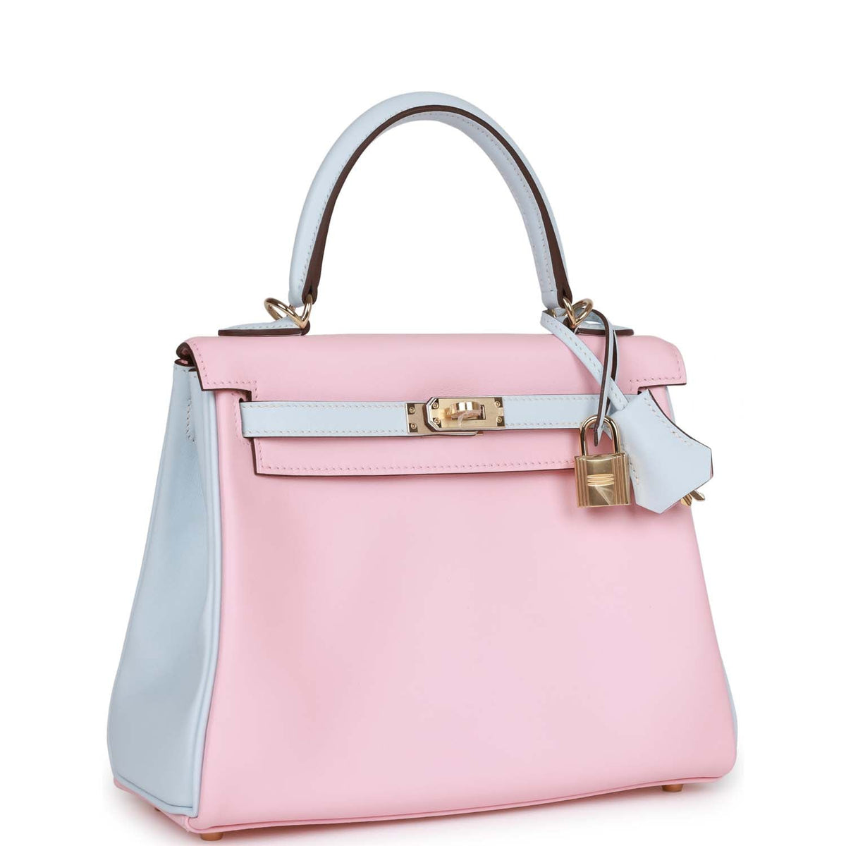 Hermès Special Order (HSS) Kelly Retourne 25 Rose Sakura and Bleu Brume Swift Permabrass Hardware