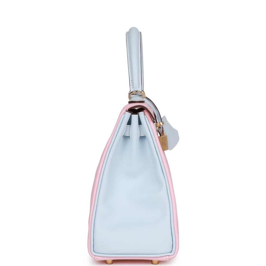 Hermès Special Order (HSS) Kelly Retourne 25 Rose Sakura and Bleu Brume Swift Permabrass Hardware