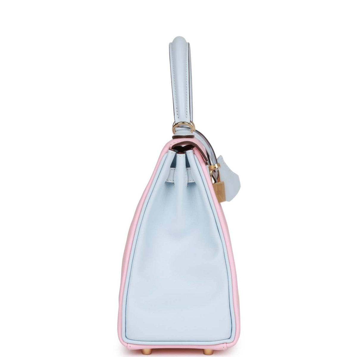Hermès Special Order (HSS) Kelly Retourne 25 Rose Sakura and Bleu Brume Swift Permabrass Hardware