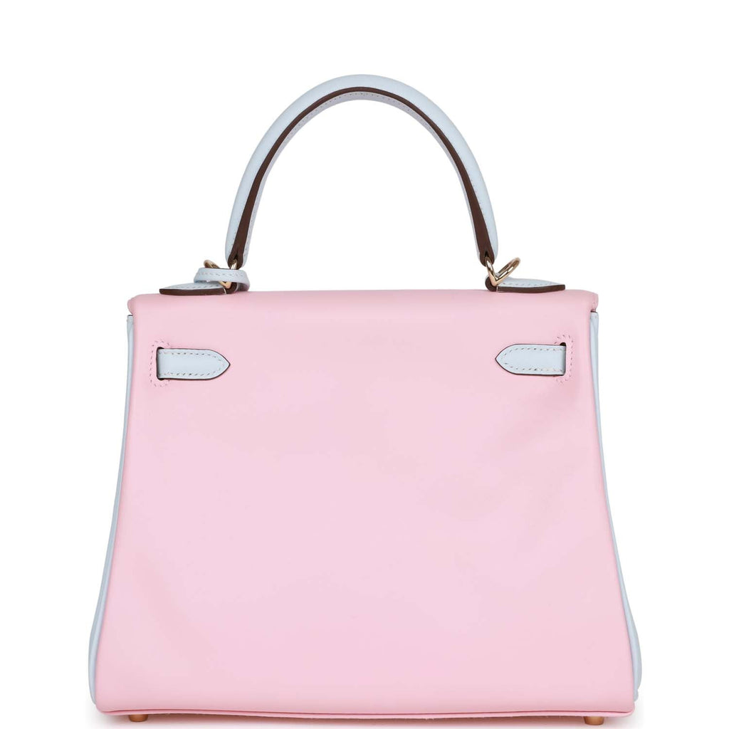 Hermès Special Order (HSS) Kelly Retourne 25 Rose Sakura and Bleu Brume Swift Permabrass Hardware