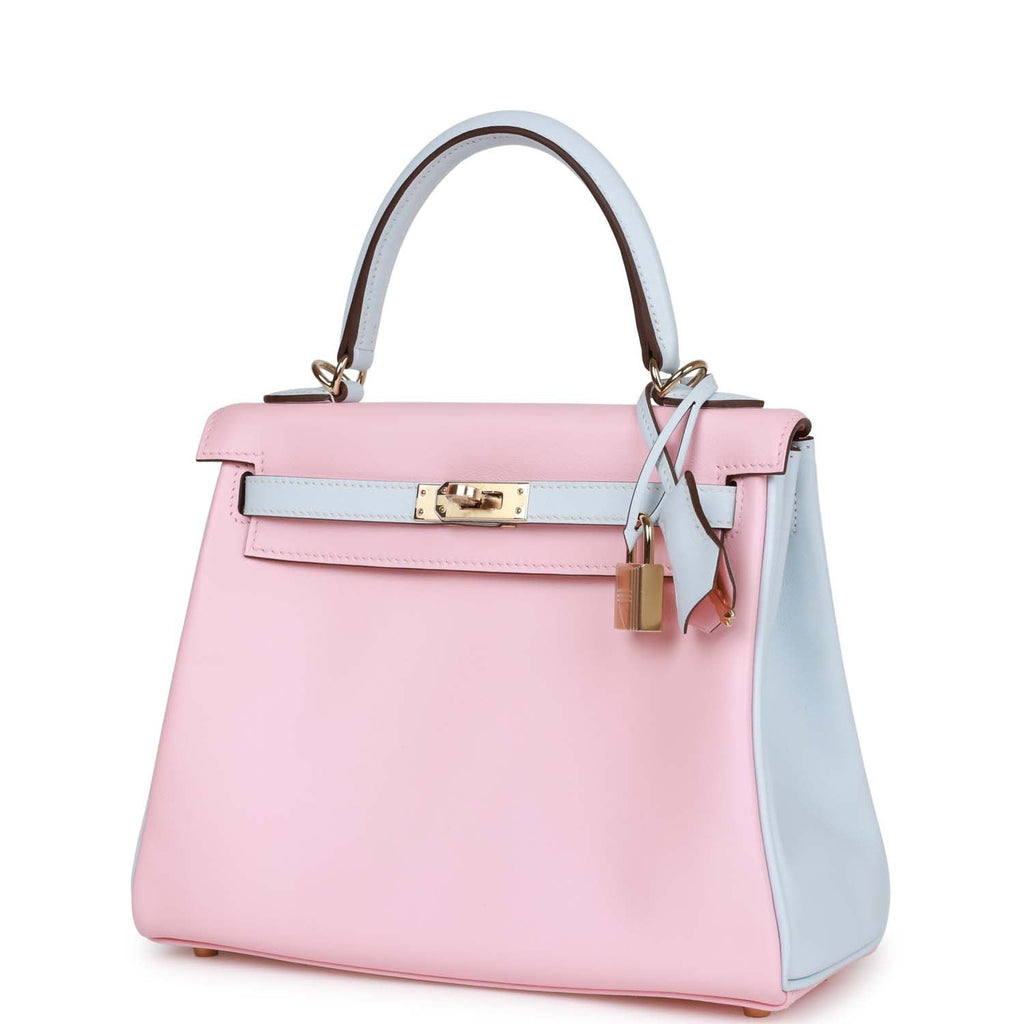 Hermès Special Order (HSS) Kelly Retourne 25 Rose Sakura and Bleu Brume Swift Permabrass Hardware