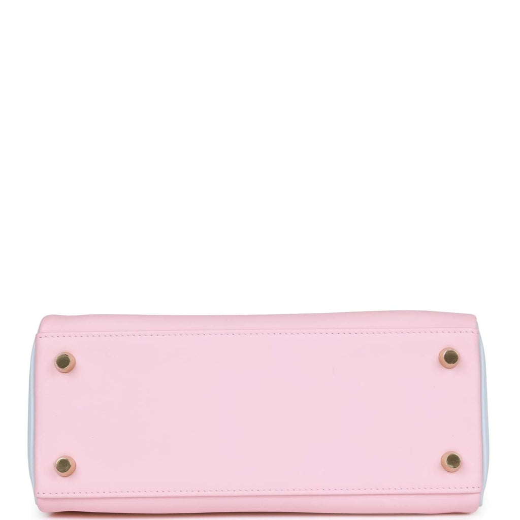 Hermès Special Order (HSS) Kelly Retourne 25 Rose Sakura and Bleu Brume Swift Permabrass Hardware