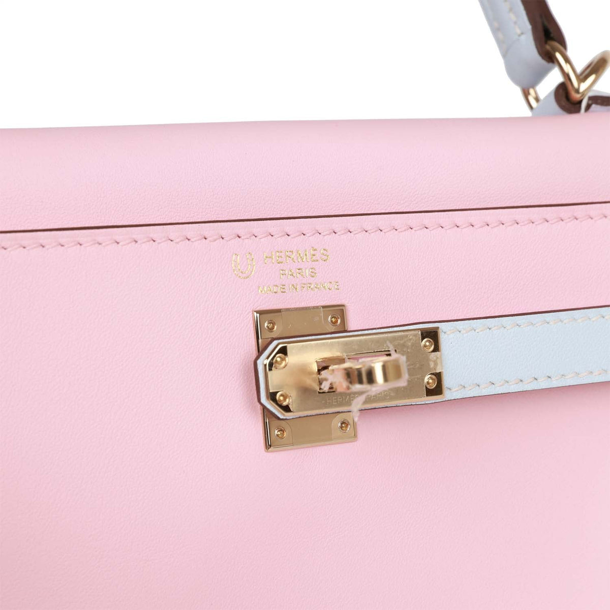 Hermès Special Order (HSS) Kelly Retourne 25 Rose Sakura and Bleu Brume Swift Permabrass Hardware