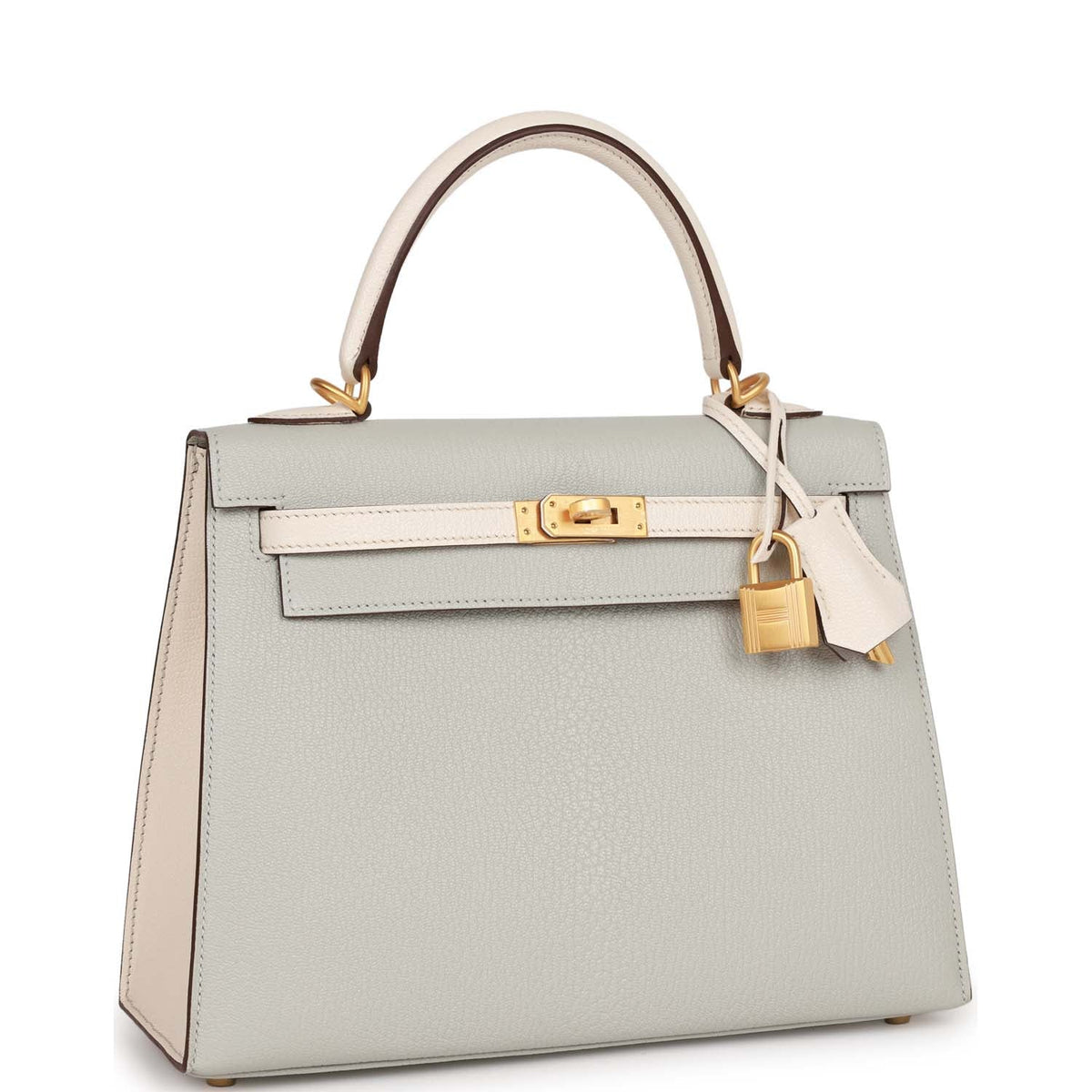 Hermès Special Order (HSS) Kelly Sellier 25 Gris Perle and Nata Chevre Brushed Gold Hardware