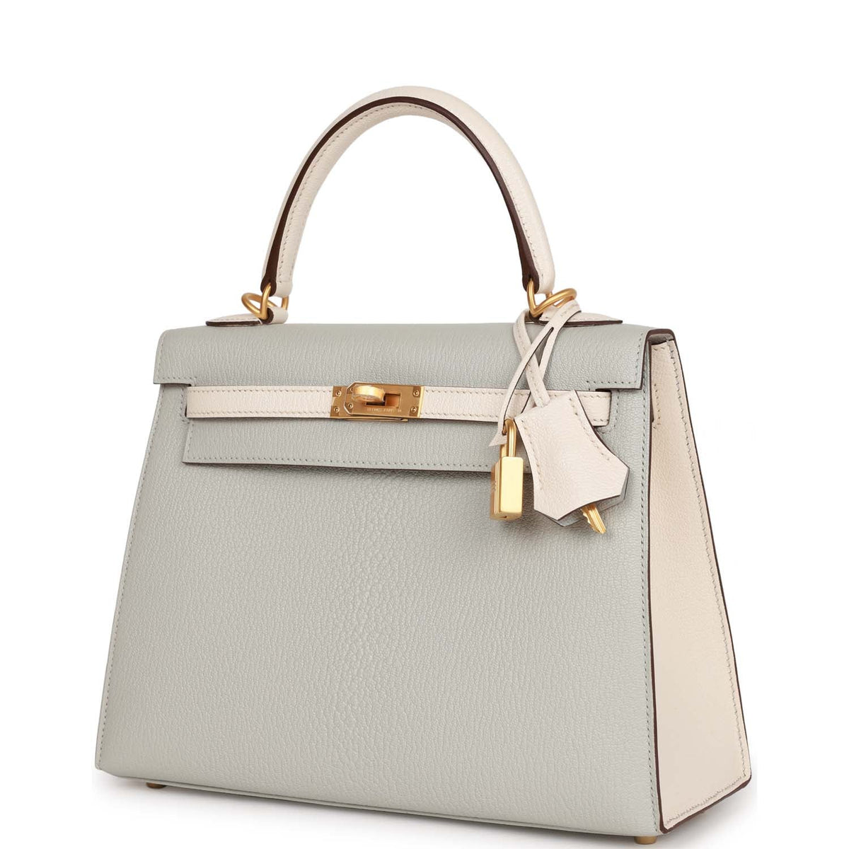Hermès Special Order (HSS) Kelly Sellier 25 Gris Perle and Nata Chevre Brushed Gold Hardware