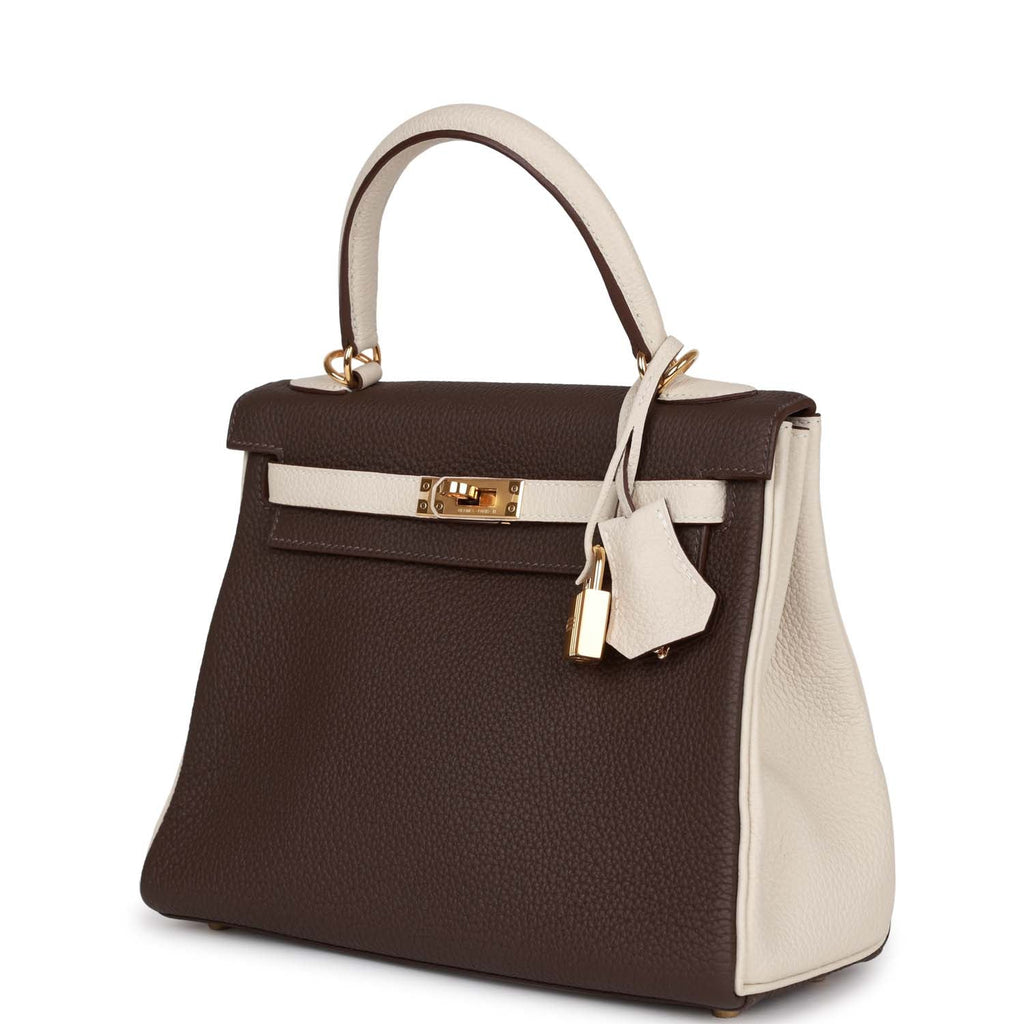 Hermès Special Order (HSS) Kelly Retourne 25 Ebene and Craie Togo Gold Hardware