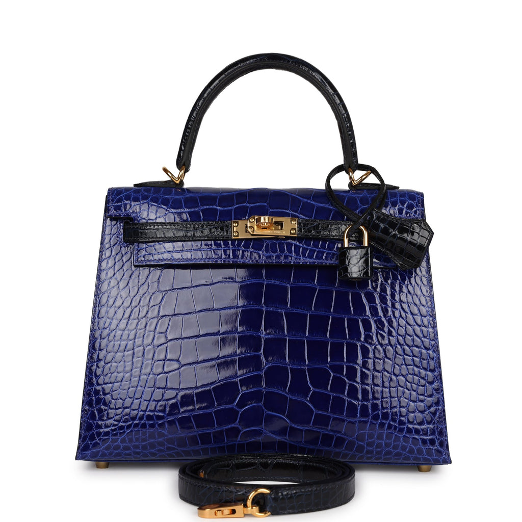 Hermès Special Order (HSS) Kelly Sellier 25 Bleu Electric and Bleu Marine Shiny Faux Leather Gold Hardware