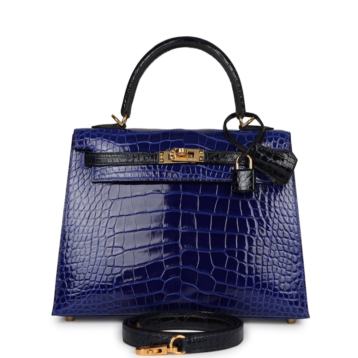 Hermès Special Order (HSS) Kelly Sellier 25 Bleu Electric and Bleu Marine Shiny Faux Leather Gold Hardware