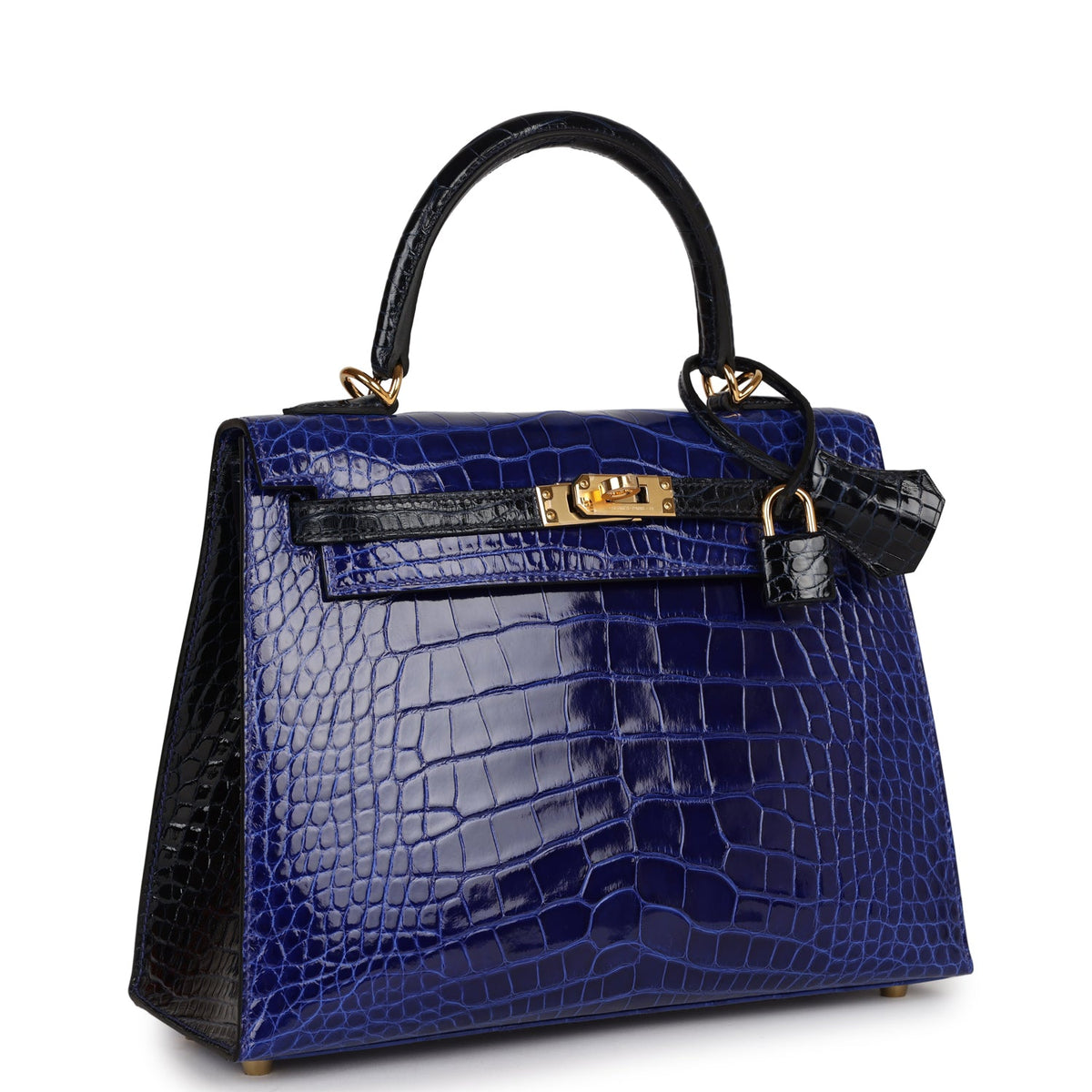 Hermès Special Order (HSS) Kelly Sellier 25 Bleu Electric and Bleu Marine Shiny Faux Leather Gold Hardware