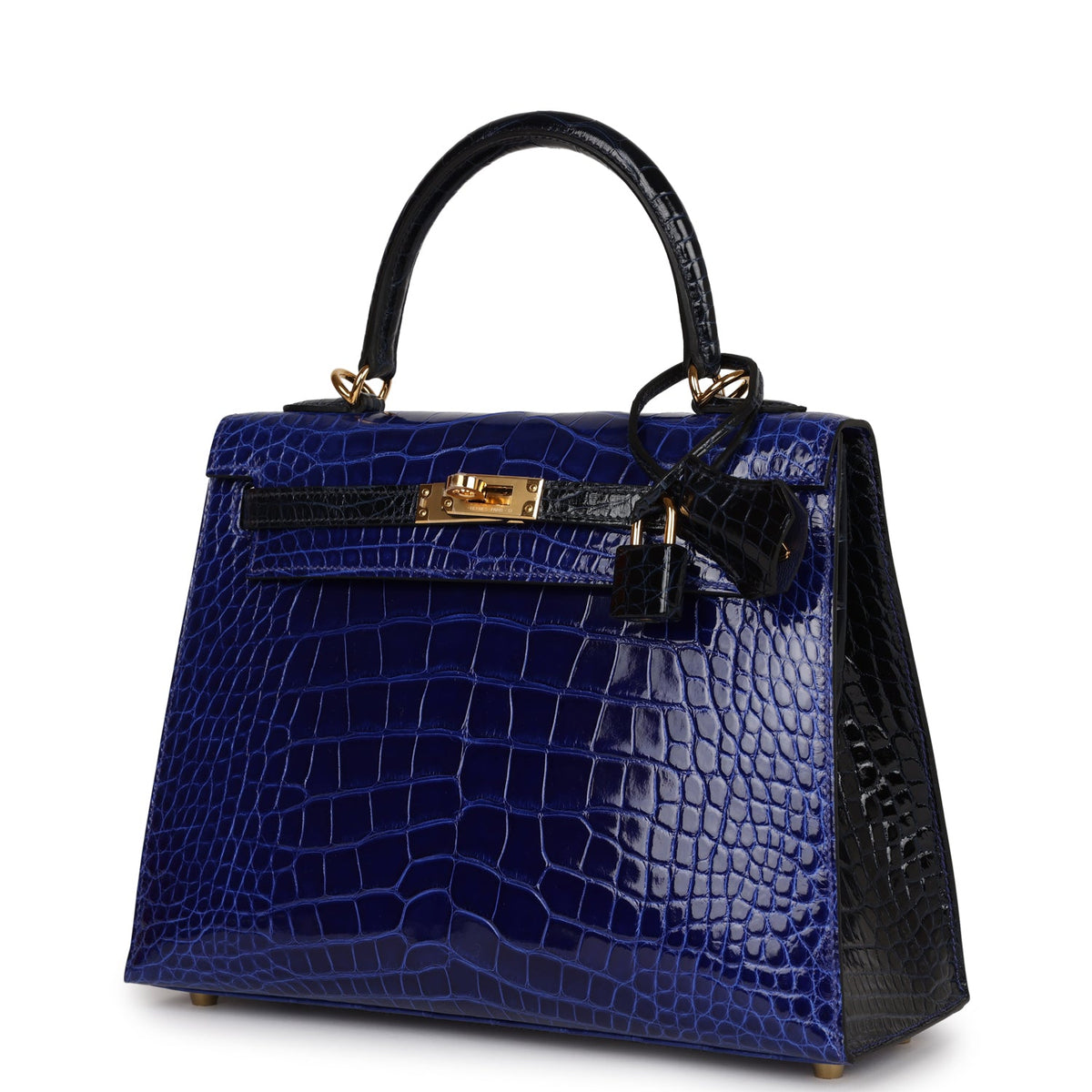 Hermès Special Order (HSS) Kelly Sellier 25 Bleu Electric and Bleu Marine Shiny Faux Leather Gold Hardware